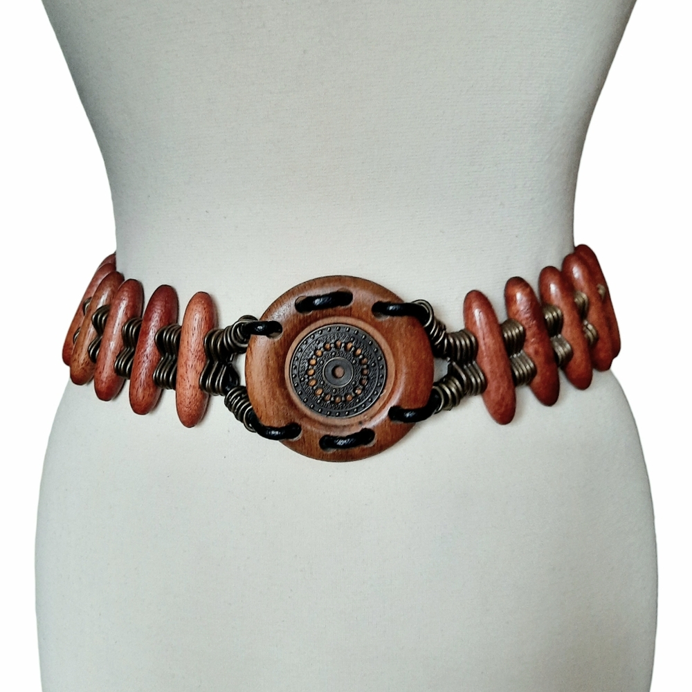 Vintage Wood Concho & Antique Brass Chain Link Belt w/Medallion Center Sz M